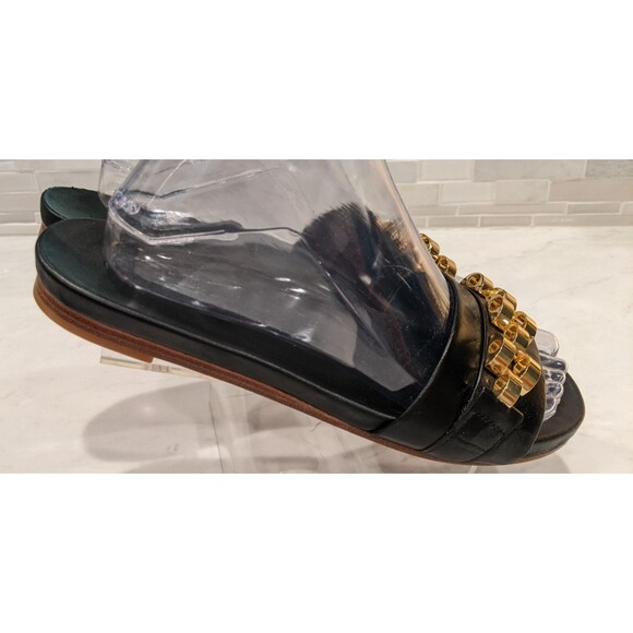 Veronica Beard ENI Black Chain-Trimmed Leather Slides Gold hardware Size 8.5 - Picture 5 of 8